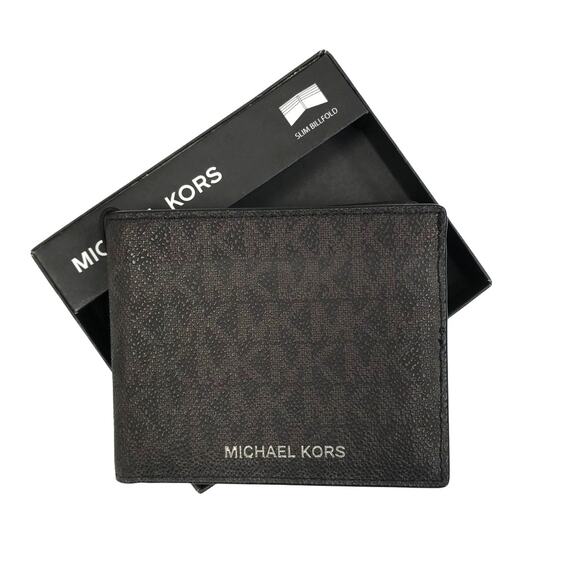 MICHAEL KORS MK Signature Logo Print Slim Billfold Men Wallet Brown Leather NWB - Picture 1 of 7